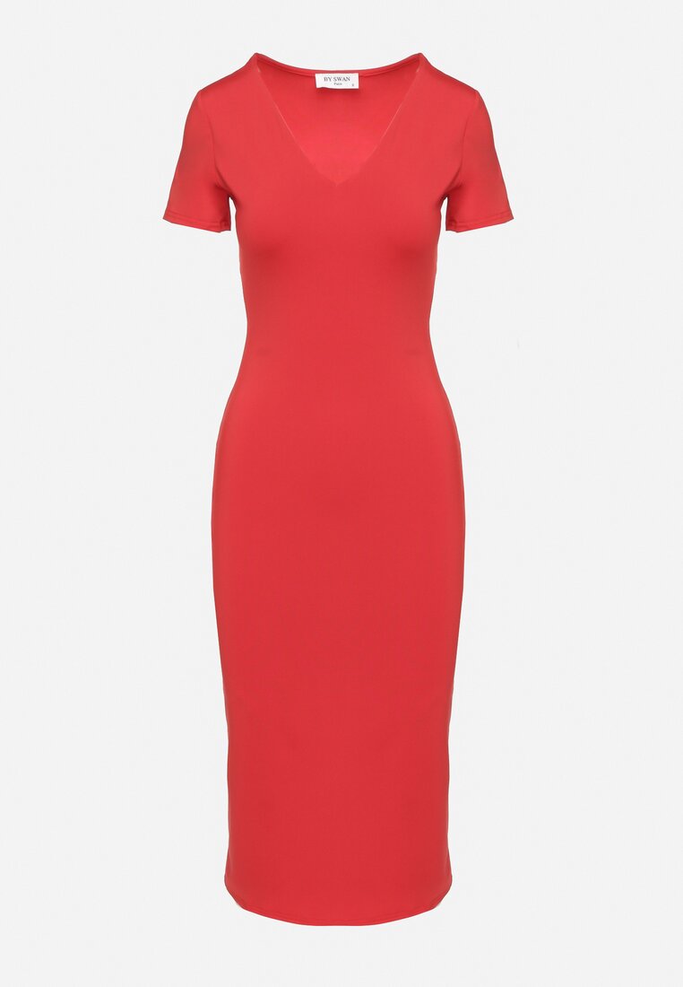 Czerwona Sukienka Dopasowana Bodycon z Dekoltem w Serek Efricene
