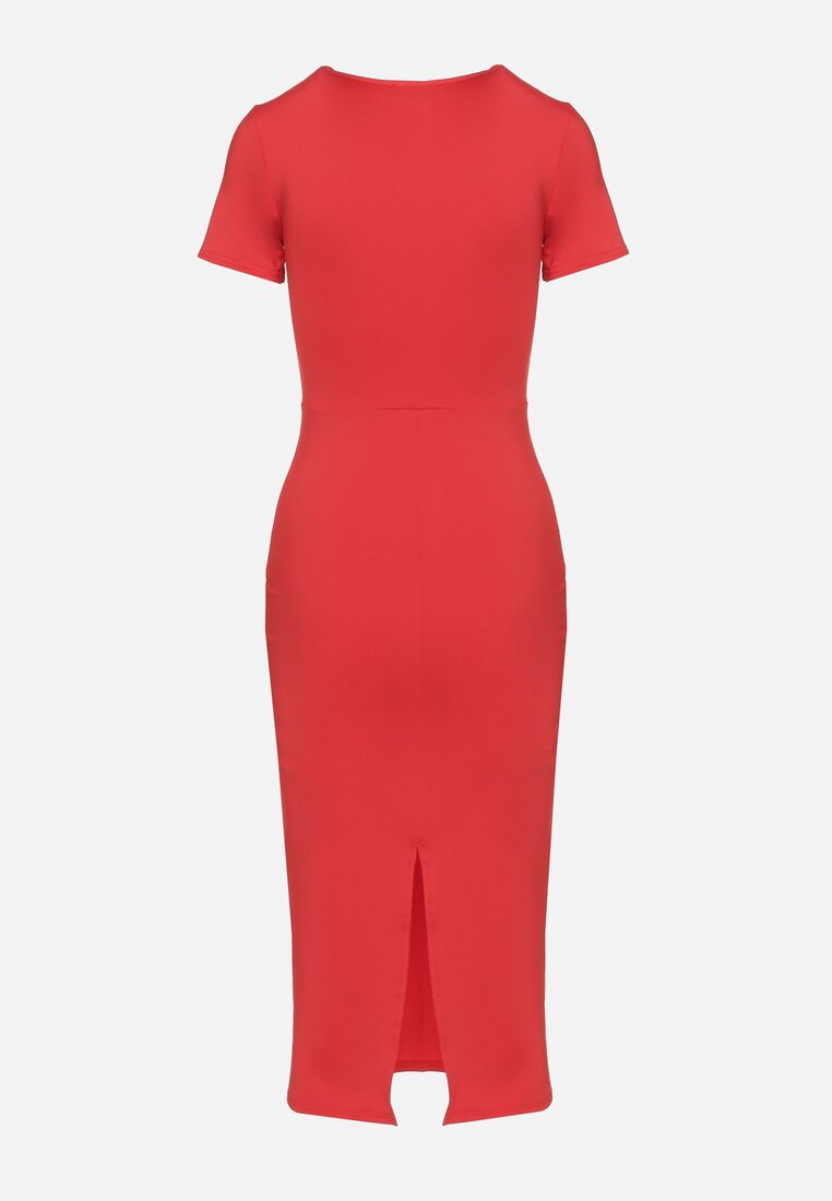 Czerwona Sukienka Dopasowana Bodycon z Dekoltem w Serek Efricene