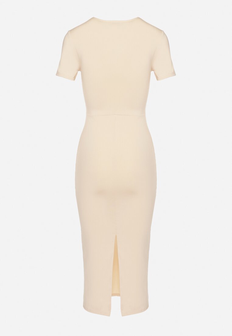 Jasnobeżowa Sukienka Dopasowana Bodycon z Dekoltem w Serek Efricene