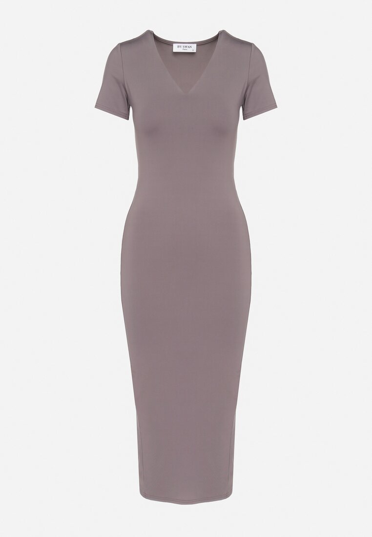 Szara Sukienka Dopasowana Bodycon z Dekoltem w Serek Efricene
