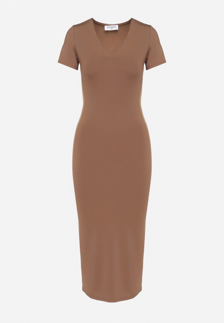 Brązowa Sukienka Dopasowana Bodycon z Dekoltem w Serek Efricene