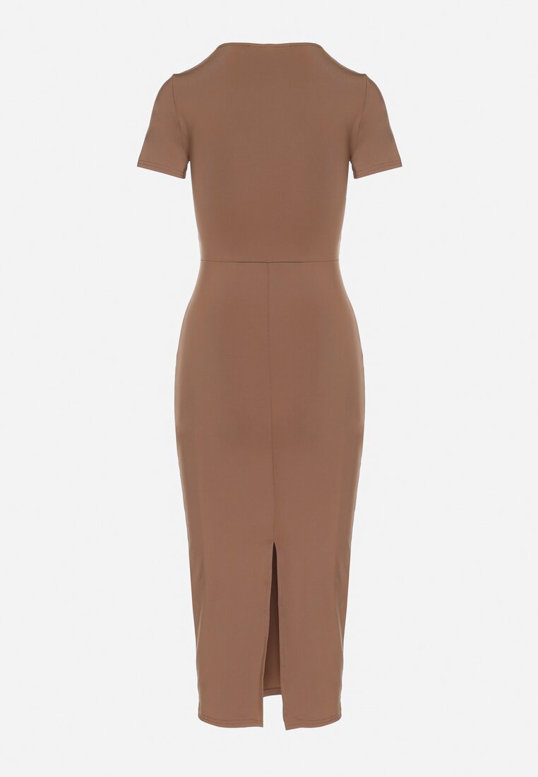 Brązowa Sukienka Dopasowana Bodycon z Dekoltem w Serek Efricene
