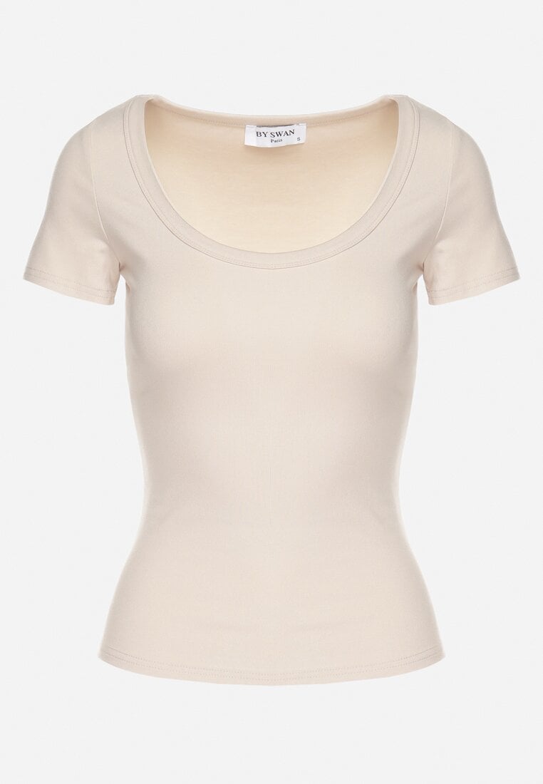 Jasnobeżowy T-shirt z Bawełny z Okrągłym Dekoltem Efruna