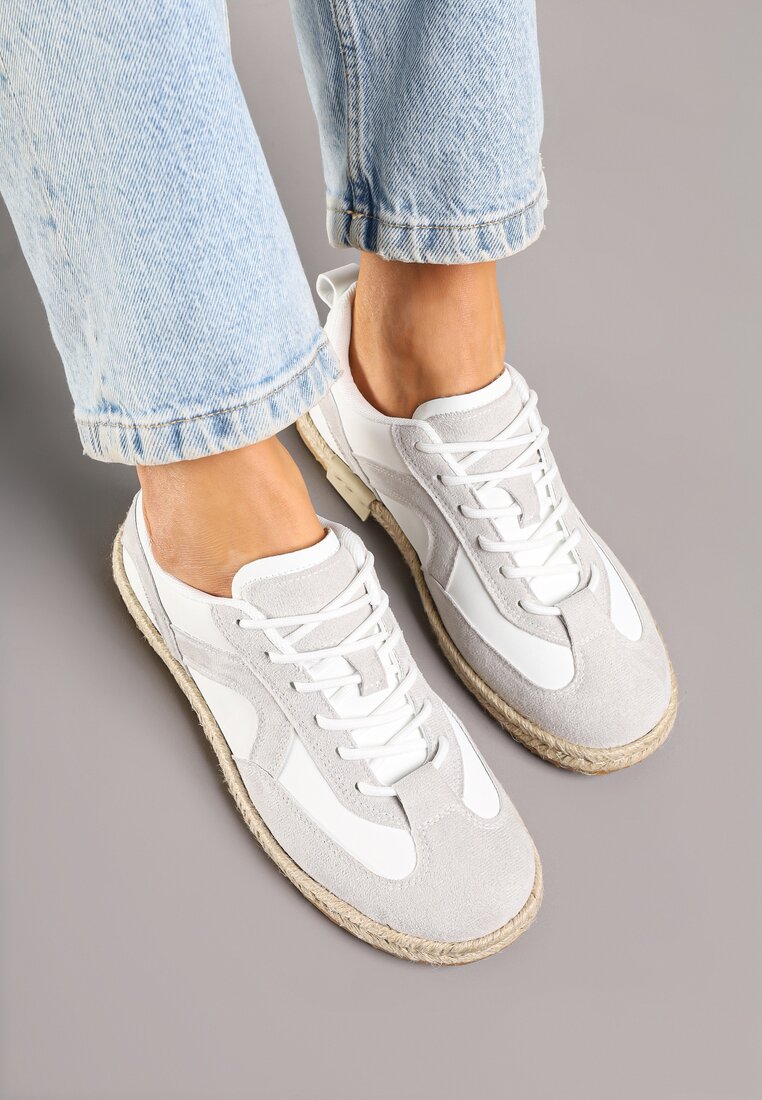 Biało-Szare Sneakersy w Stylu Klasycznych Tenisówek z Plecioną Podeszwą Fevanelle