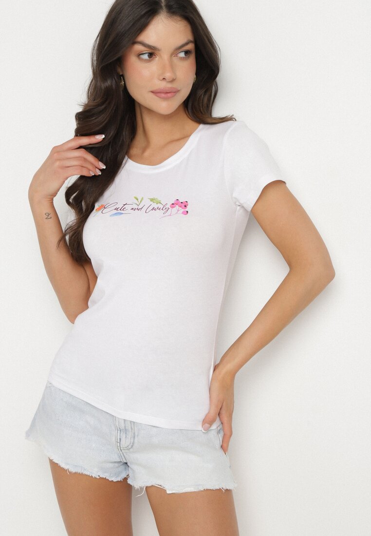 Biały Bawełniany T-shirt z Ozdobnym Nadrukiem Zaromira