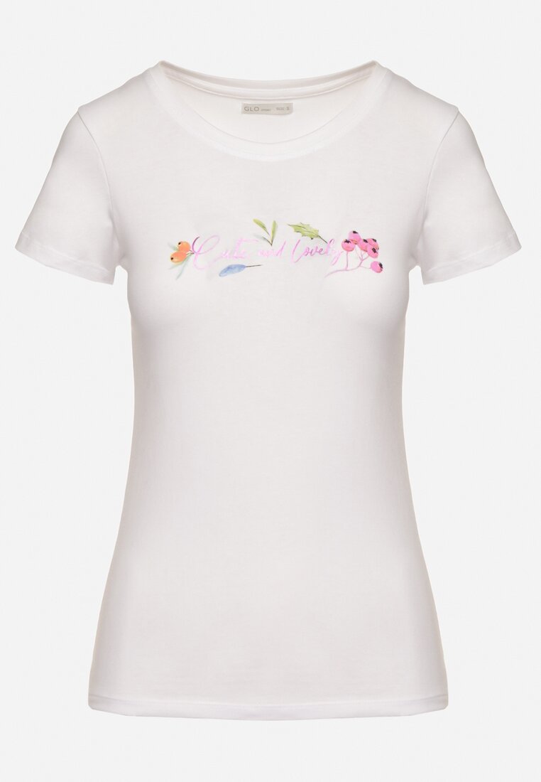 Biały Bawełniany T-shirt z Ozdobnym Nadrukiem Zaromira