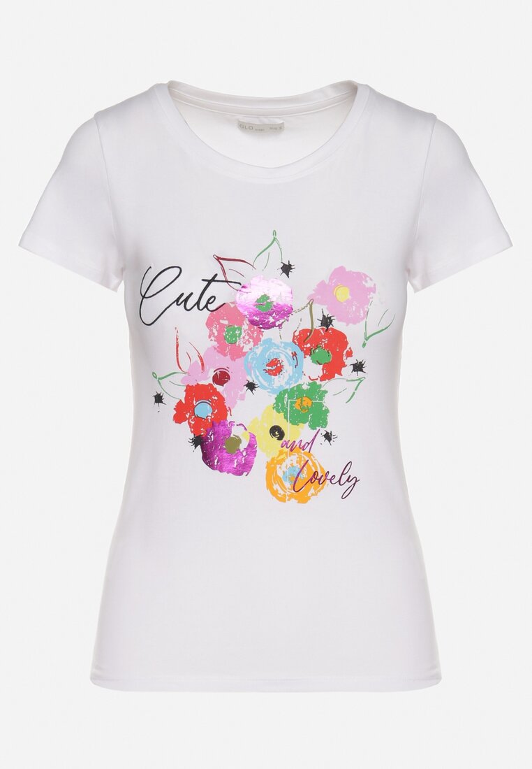 Biało-Niebieski T-shirt z Bawełny z Ozdobnym Nadrukiem Zaromeira