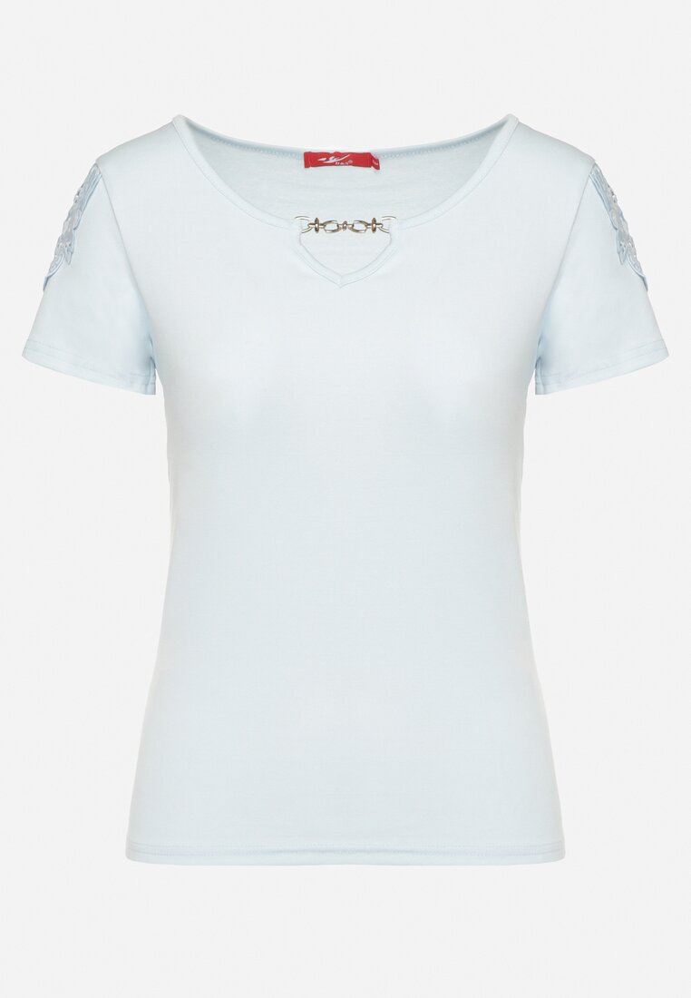 Jasnoniebieski Bawełniany T-shirt z Łańcuszkiem i Koronką Liraveira