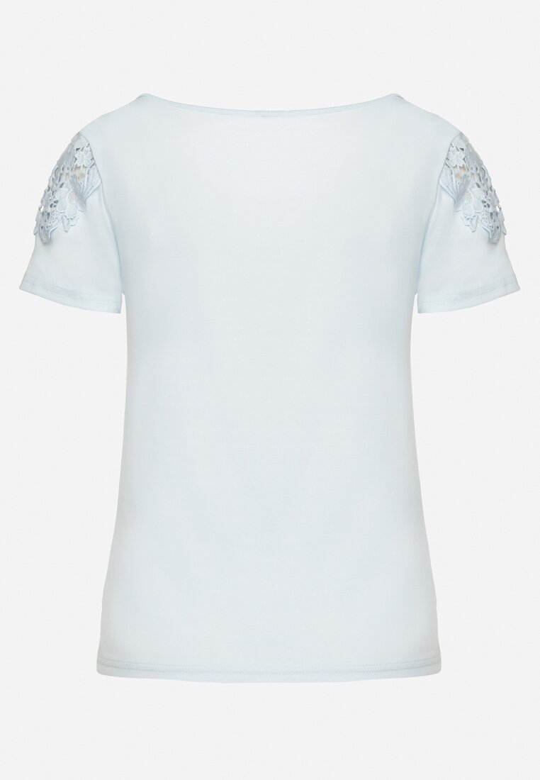 Jasnoniebieski Bawełniany T-shirt z Łańcuszkiem i Koronką Liraveira