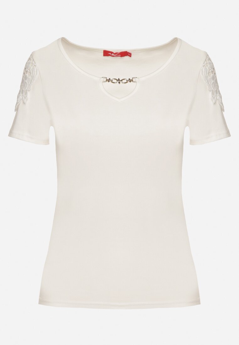 Biały Bawełniany T-shirt z Łańcuszkiem i Koronką Liraveira