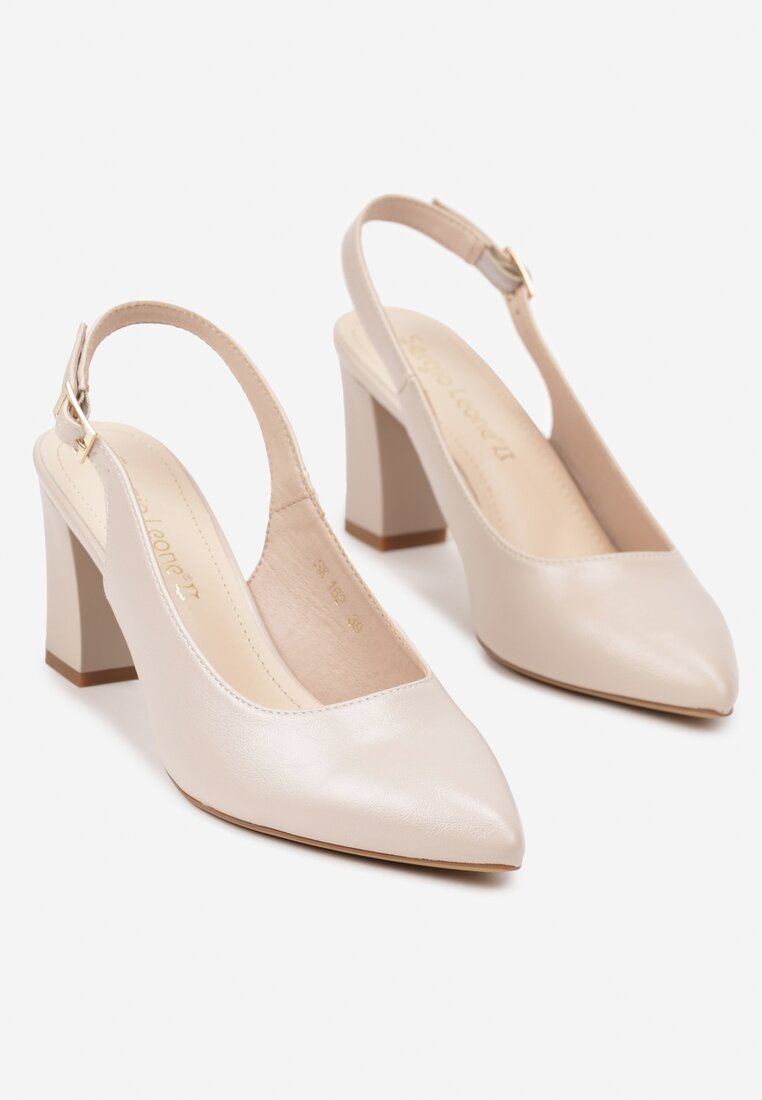 Beżowe Sandały na Słupku z Odkrytą Piętą i Skórzaną Wkładką Saliantia