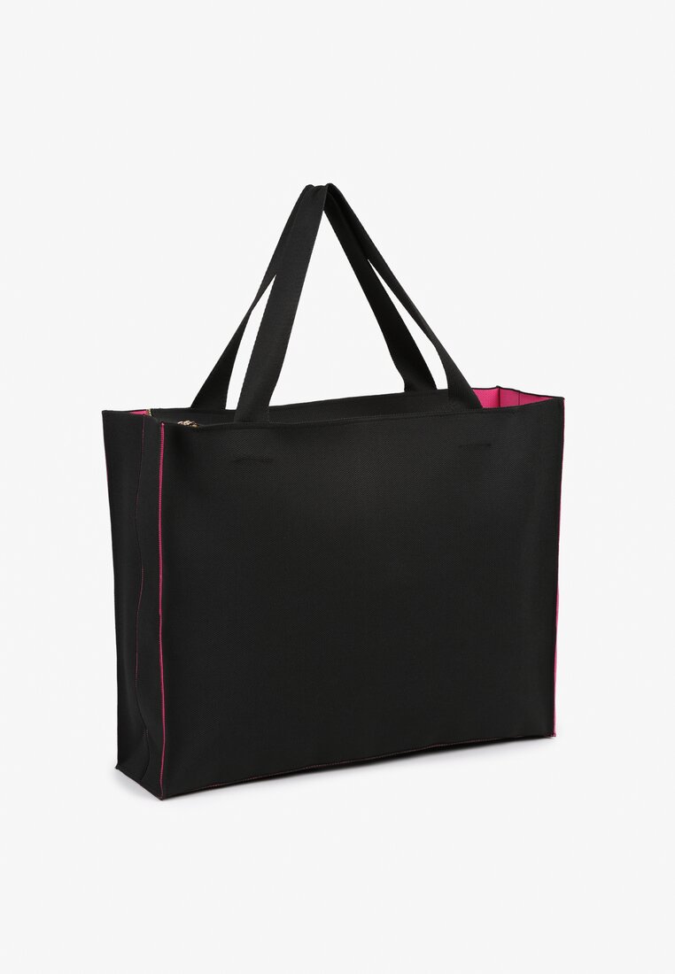 Czarno-Fuksjowa Torebka Shopper Materiałowa z Napisem Zasuwana Saliretia