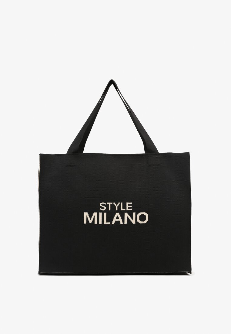 Czarno-Beżowa Torebka Shopper Materiałowa z Napisem Zasuwana Saliretia