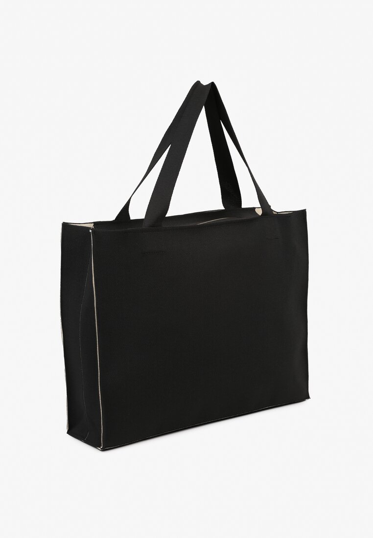 Czarno-Beżowa Torebka Shopper Materiałowa z Napisem Zasuwana Saliretia