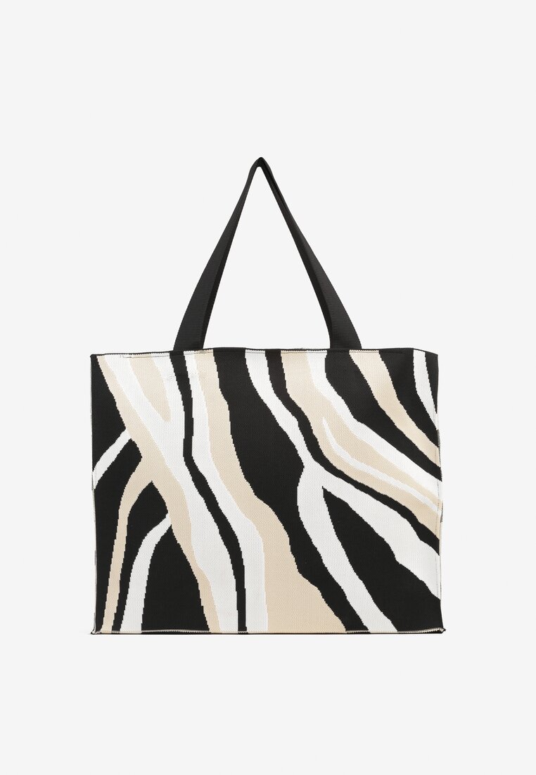 Beżowa Torebka Shopper z Suwakiem w Abstrakcyjny Print Salidrea