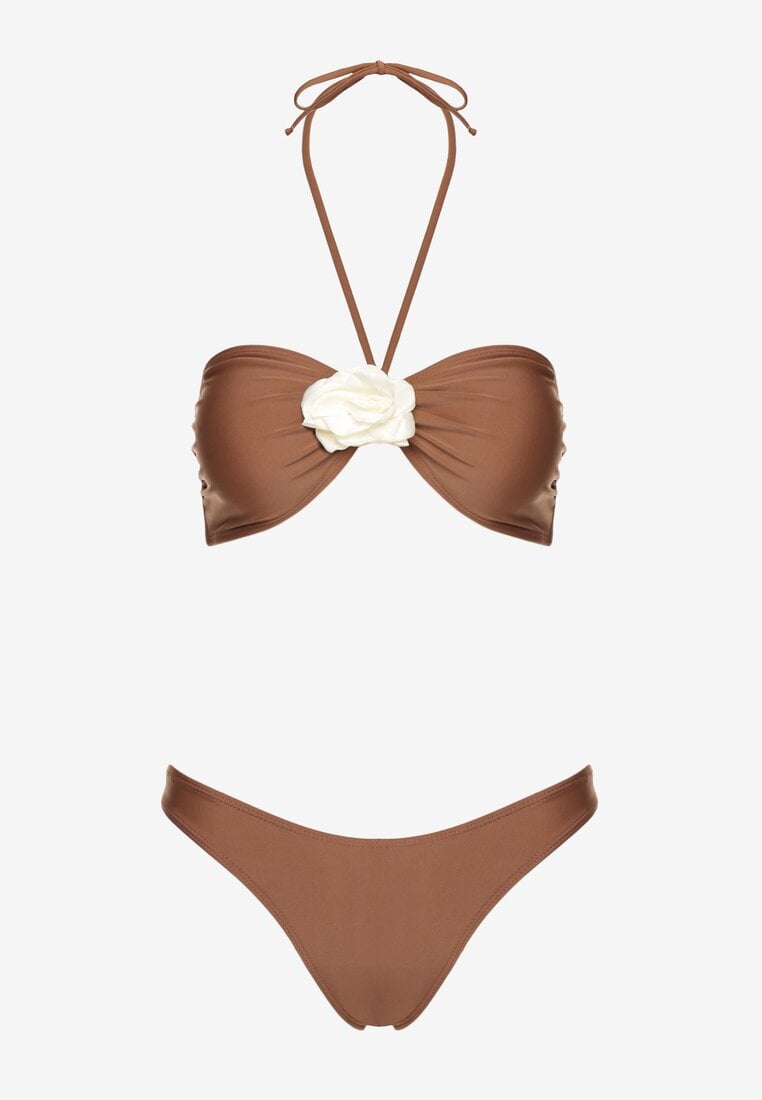 Brązowe Bikini Góra z Paskami na Szyję i Kwiatami 3D z Dodatkową Spódniczką Renzi