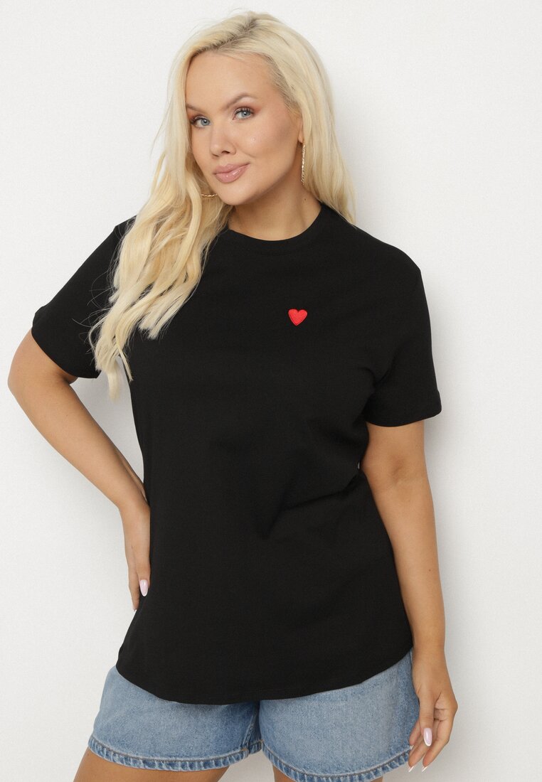 Czarny Bawełniany T-shirt Ozdobiony Sercem Tolianee