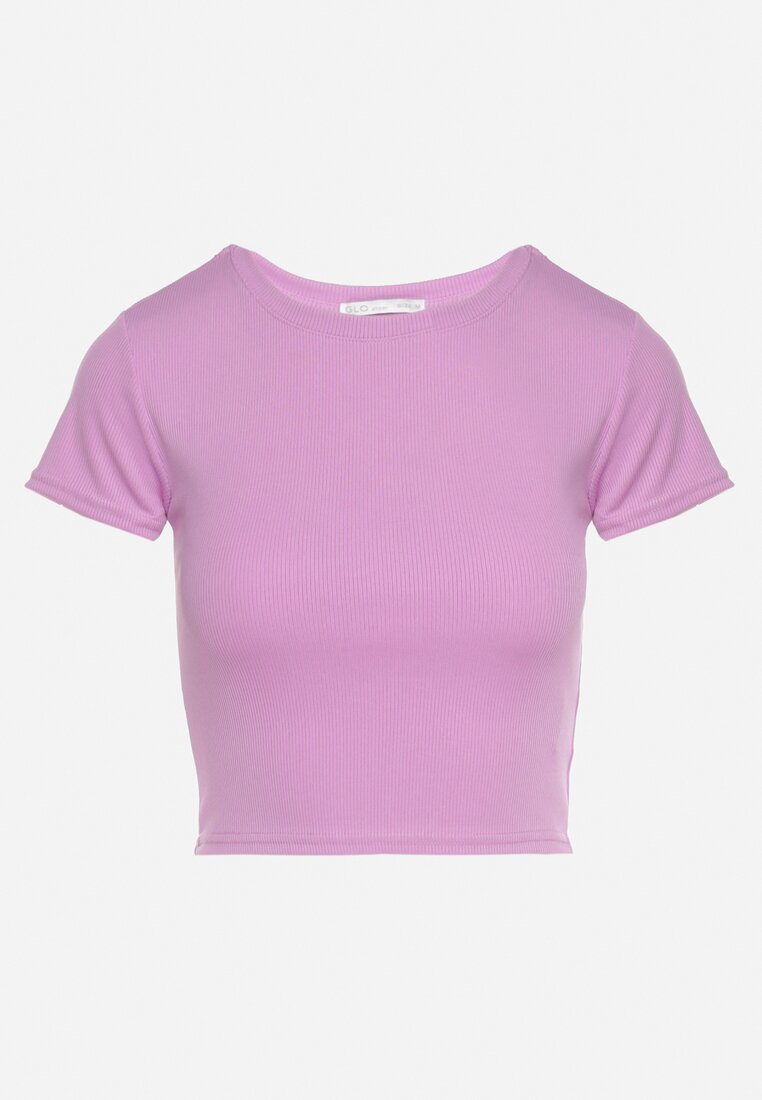 Jasnofioletowy T-shirt z Prążkowanego Materiału o Krótkim Kroju Telunna