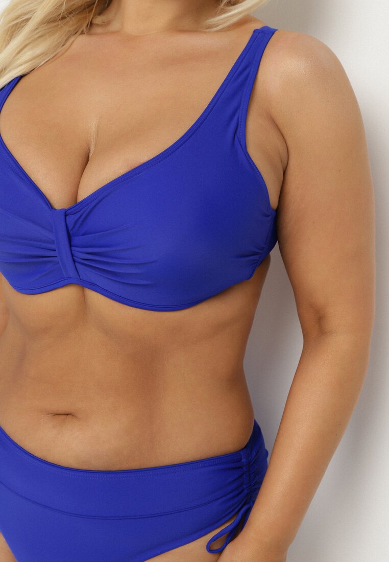 Granatowe Bikini Biustonosz z Marszczeniem i Majtki Figi ze Ściągaczami Sarimine
