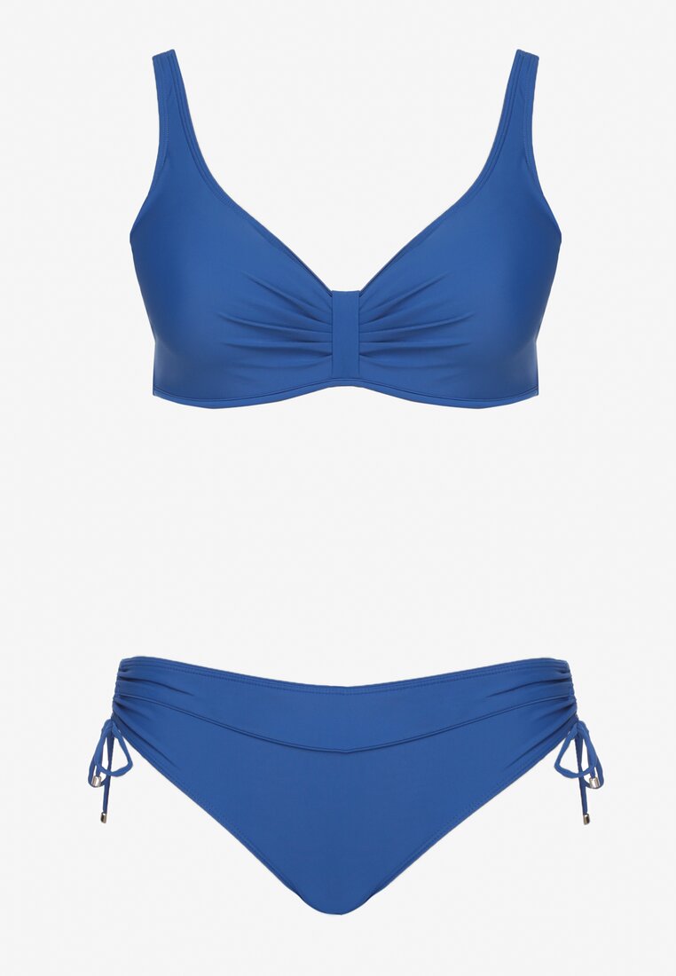 Niebieskie Bikini Biustonosz z Marszczeniem i Majtki Figi ze Ściągaczami Sarimine