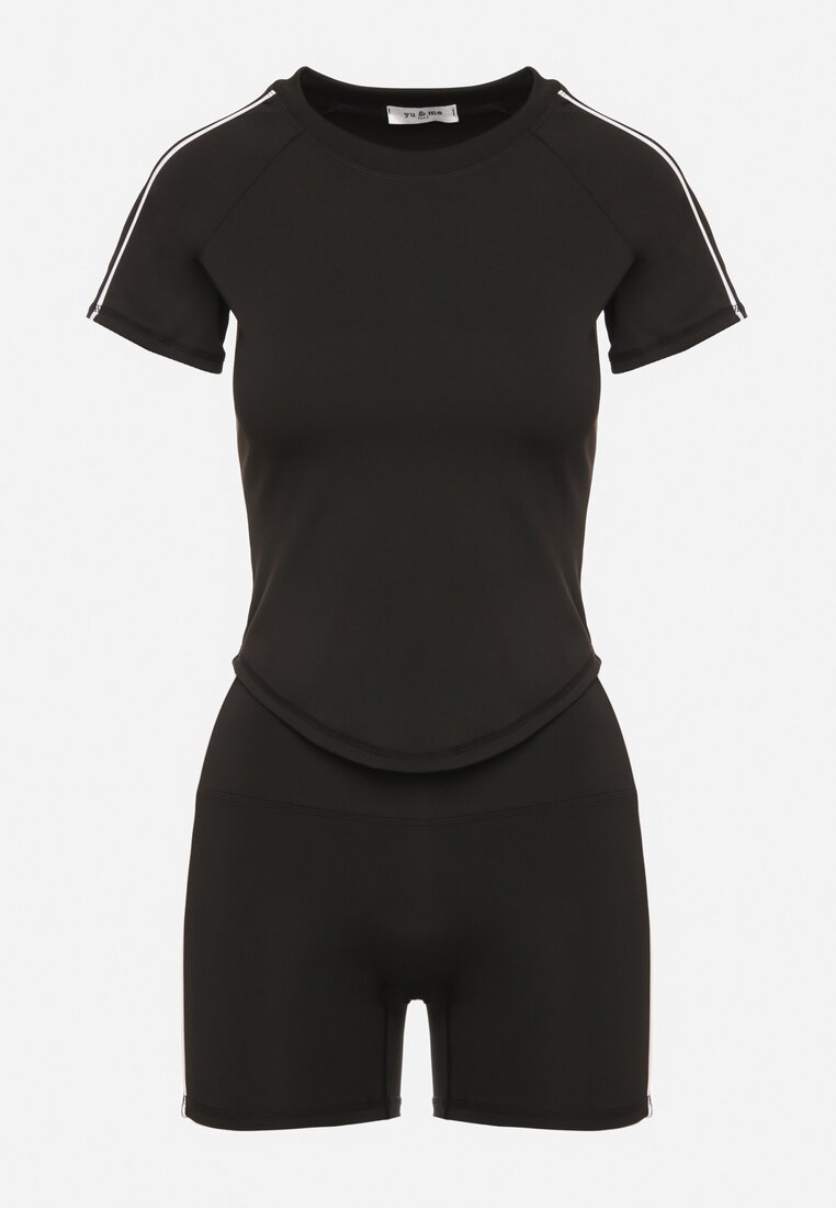 Czarny Komplet Sportowy T-shirt i Szorty z Ozdobnym Lampasem Zorettia