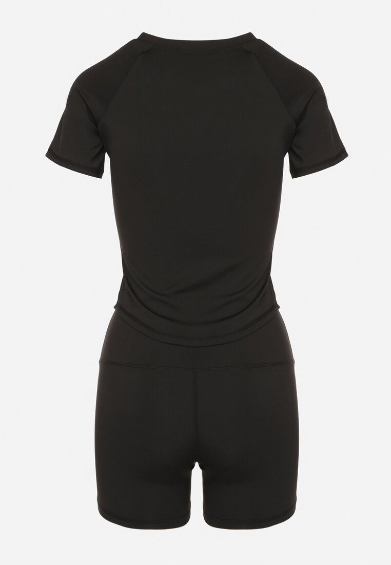 Czarny Komplet Sportowy T-shirt i Szorty z Ozdobnym Lampasem Zorettia