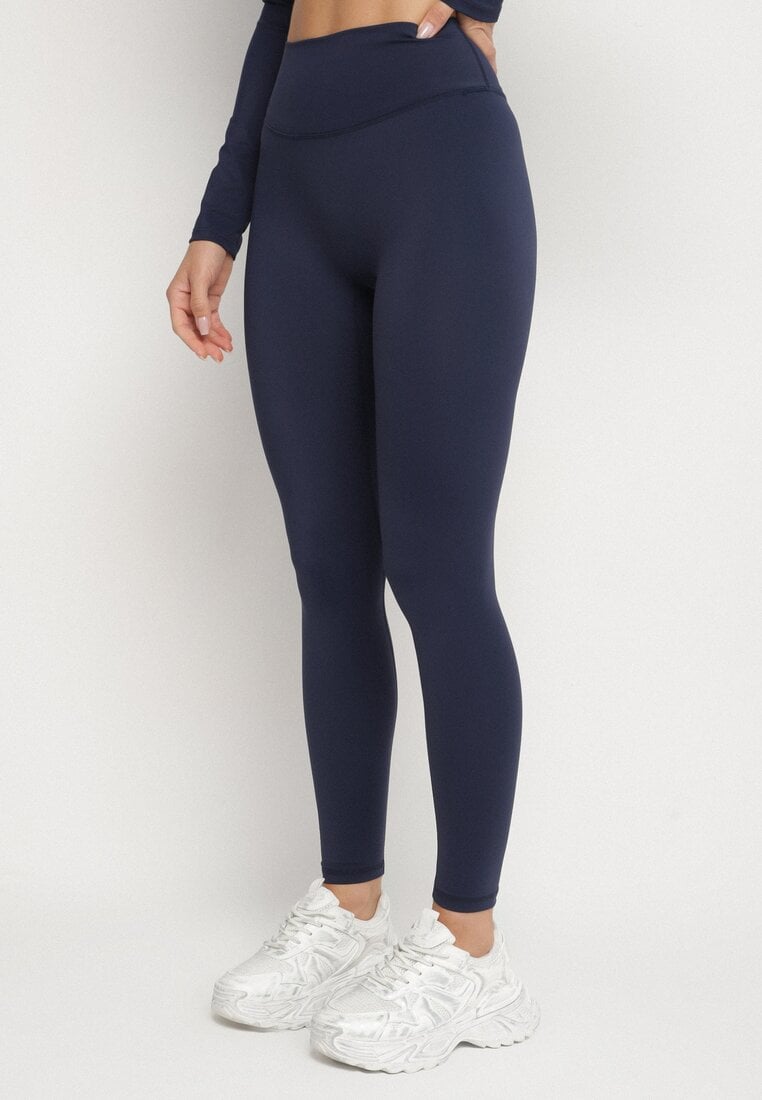 Granatowy Komplet Sportowy Legginsy i Bluzka z Odkrytymi Plecami Dasalla