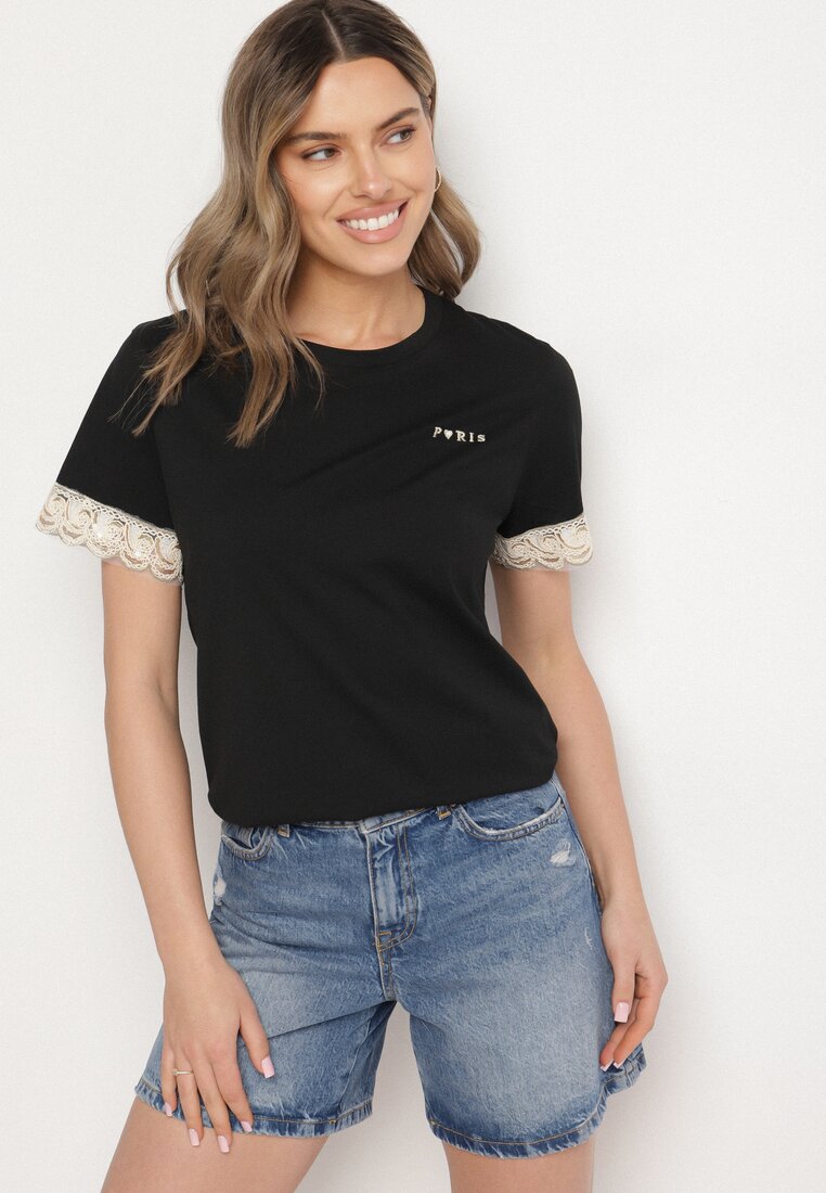 Czarny T-shirt z Bawełny Zdobiony Koronką z Cekinami Pollea