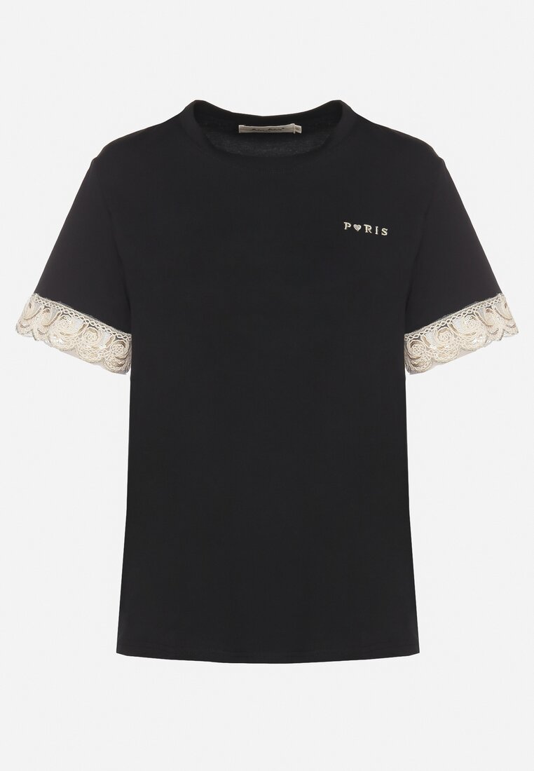 Czarny T-shirt z Bawełny Zdobiony Koronką z Cekinami Pollea
