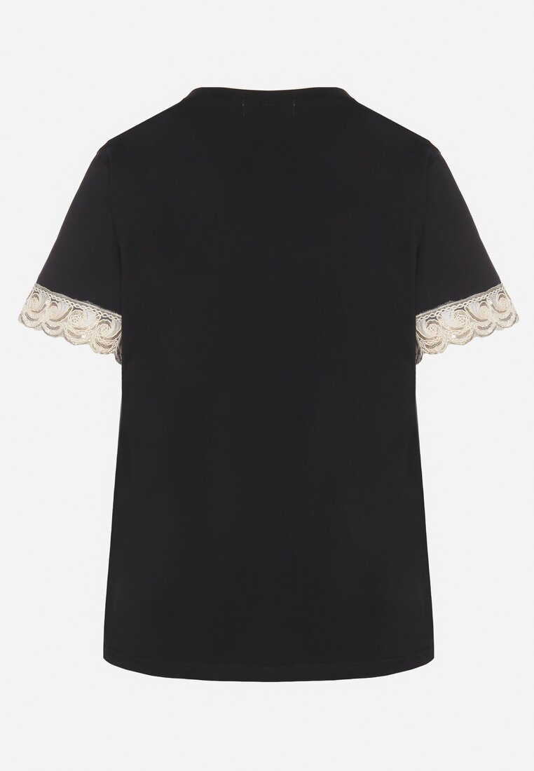Czarny T-shirt z Bawełny Zdobiony Koronką z Cekinami Pollea