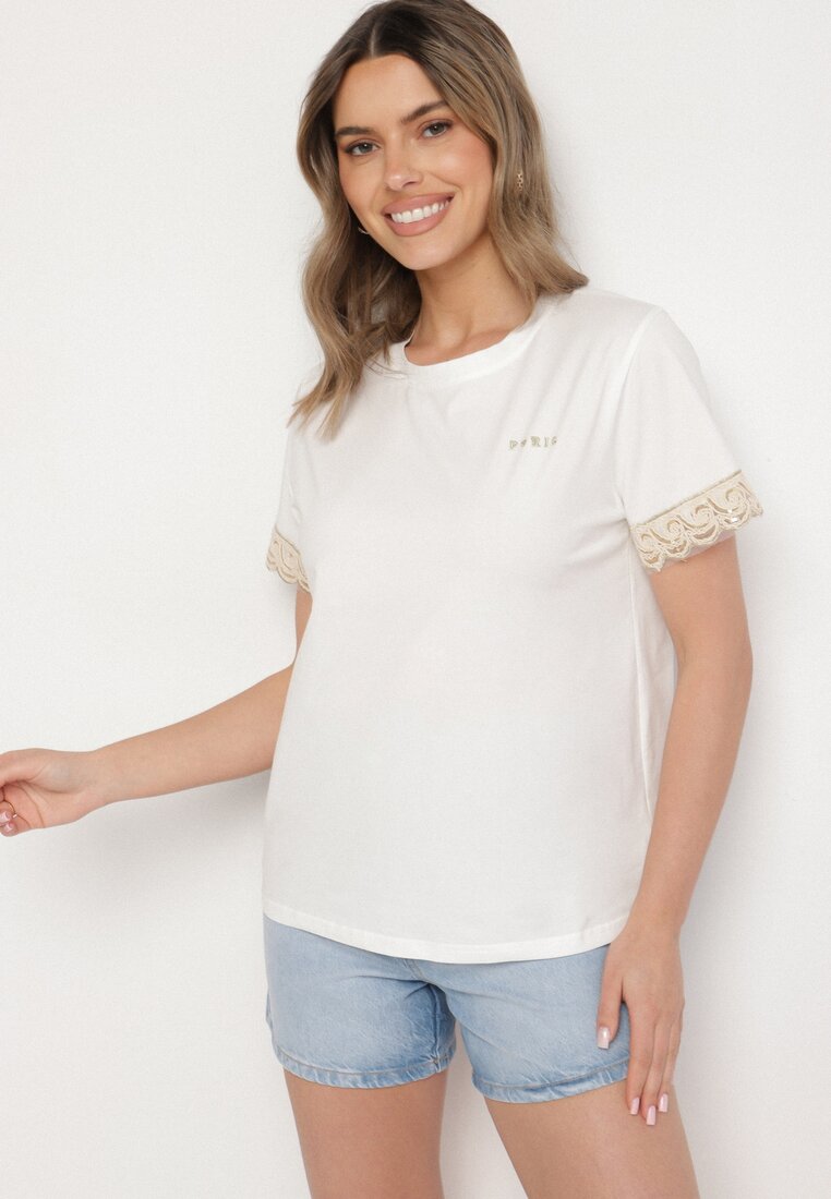 Biały T-shirt z Bawełny Zdobiony Koronką z Cekinami Pollea