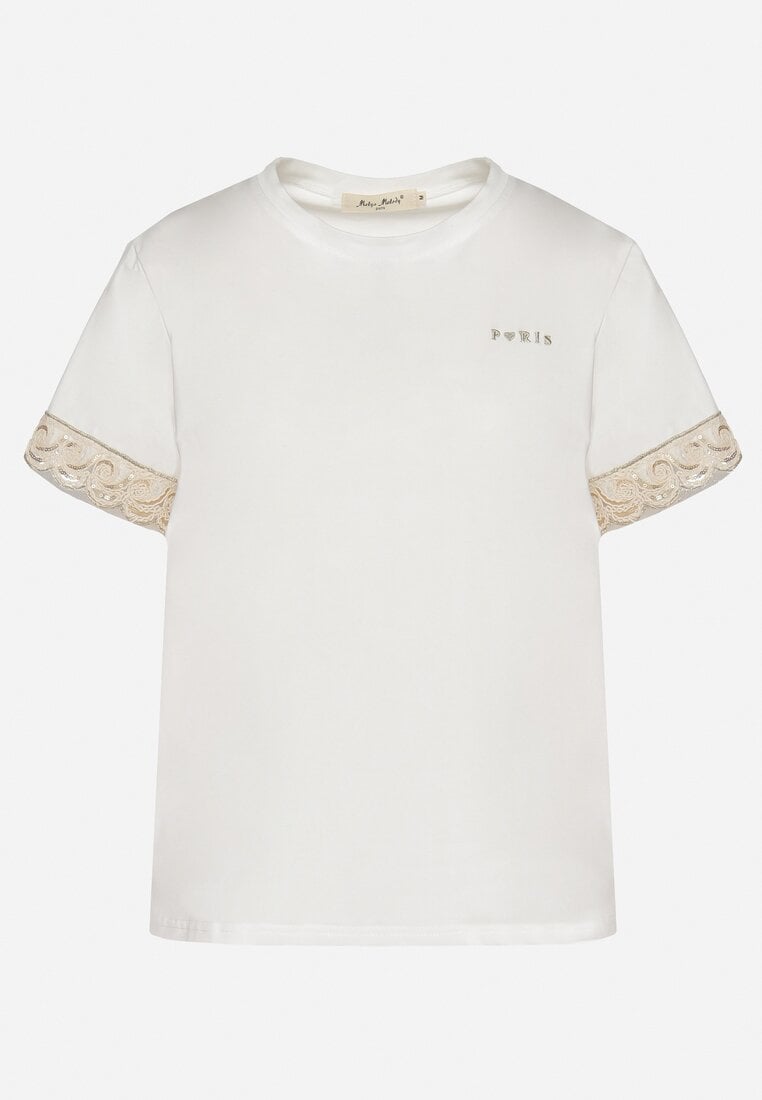 Biały T-shirt z Bawełny Zdobiony Koronką z Cekinami Pollea