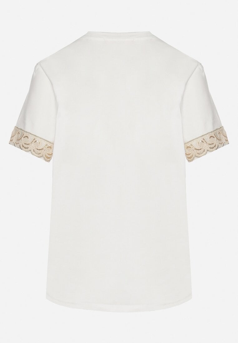 Biały T-shirt z Bawełny Zdobiony Koronką z Cekinami Pollea