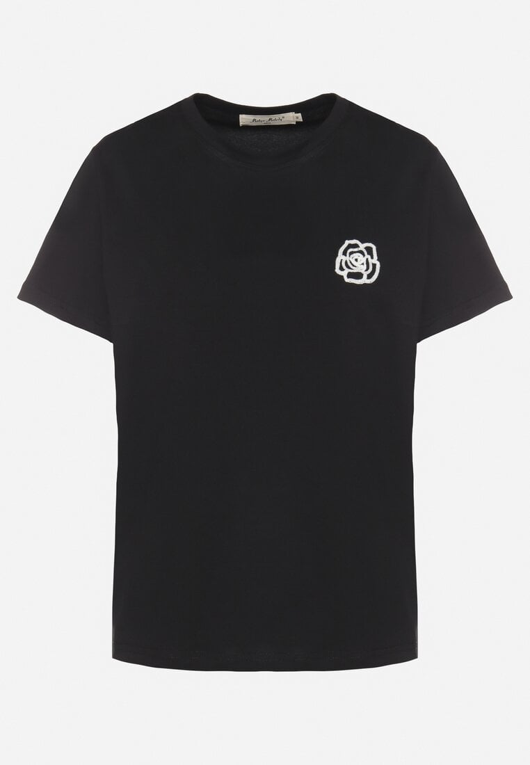 Czarny T-shirt z Bawełny Ozdobiony Naszywką Firolee
