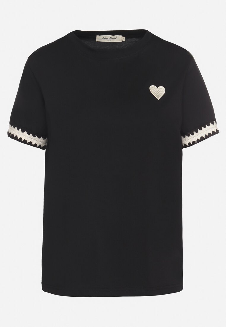 Czarny T-shirt z Bawełny Ozdobiony Sercem Firiane