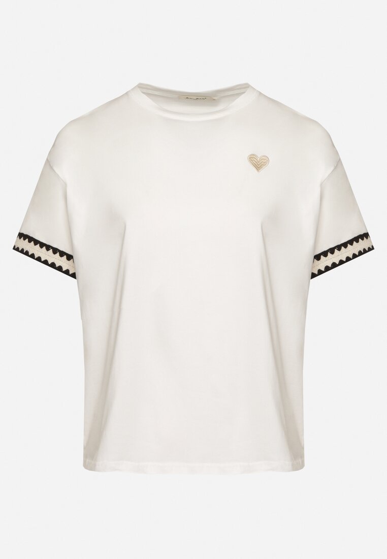 Biały Bawełniany T-shirt o Kroju Oversize ze Zdobieniem przy Rękawach Milatia
