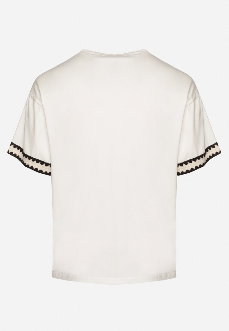 Biały Bawełniany T-shirt o Kroju Oversize ze Zdobieniem przy Rękawach Milatia