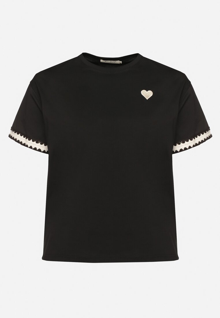Czarny Bawełniany T-shirt o Kroju Oversize ze Zdobieniem przy Rękawach Milatia