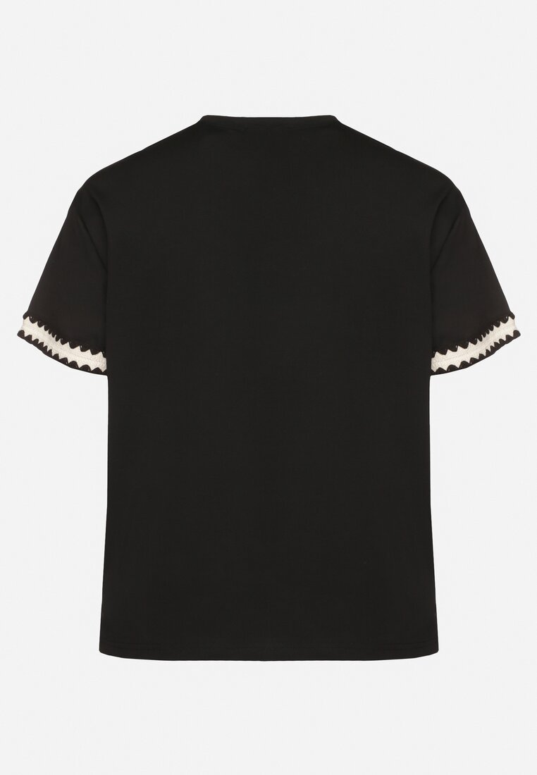 Czarny Bawełniany T-shirt o Kroju Oversize ze Zdobieniem przy Rękawach Milatia