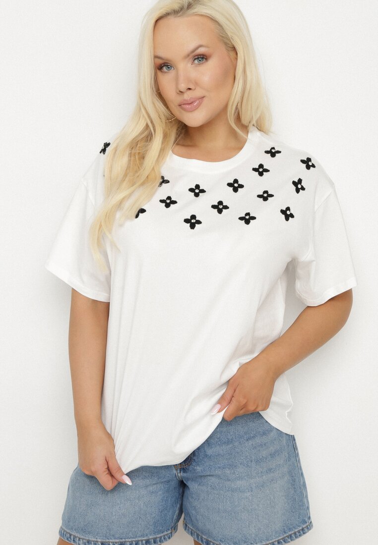Biały T-shirt z Bawełny Ozdobiony Cyrkoniami i Haftami Firarette