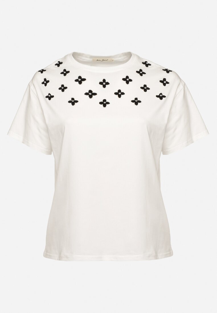Biały T-shirt z Bawełny Ozdobiony Cyrkoniami i Haftami Firarette