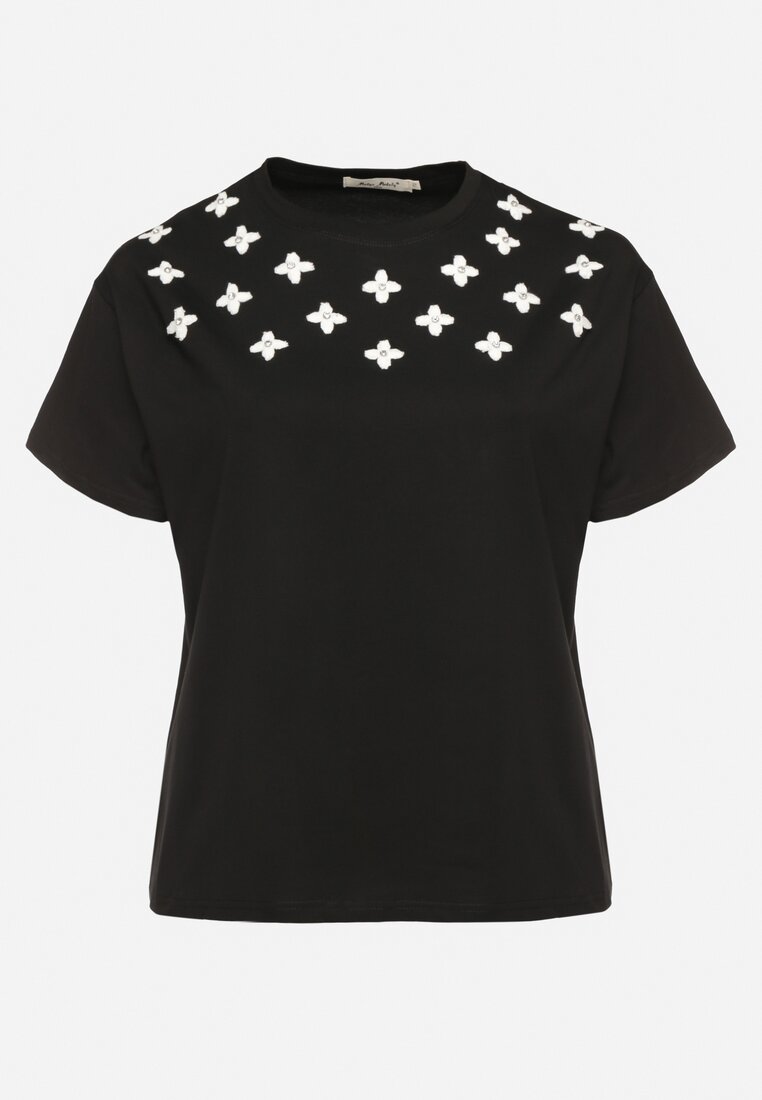 Czarny T-shirt z Bawełny Ozdobiony Cyrkoniami i Haftami Firarette