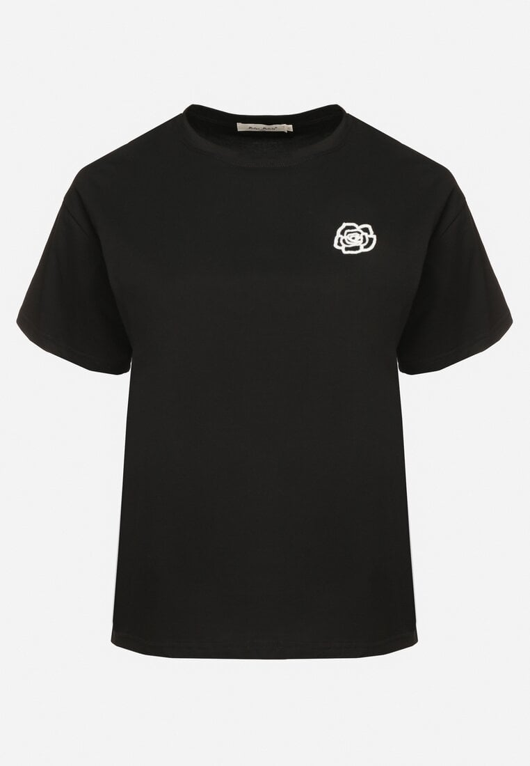 Czarny T-shirt z Bawełny z Naszywką Kwiatu Firirene