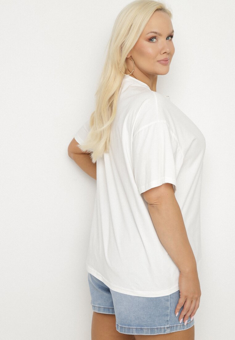 Biały T-shirt z Bawełny z Naszywką Kwiatu Firirene