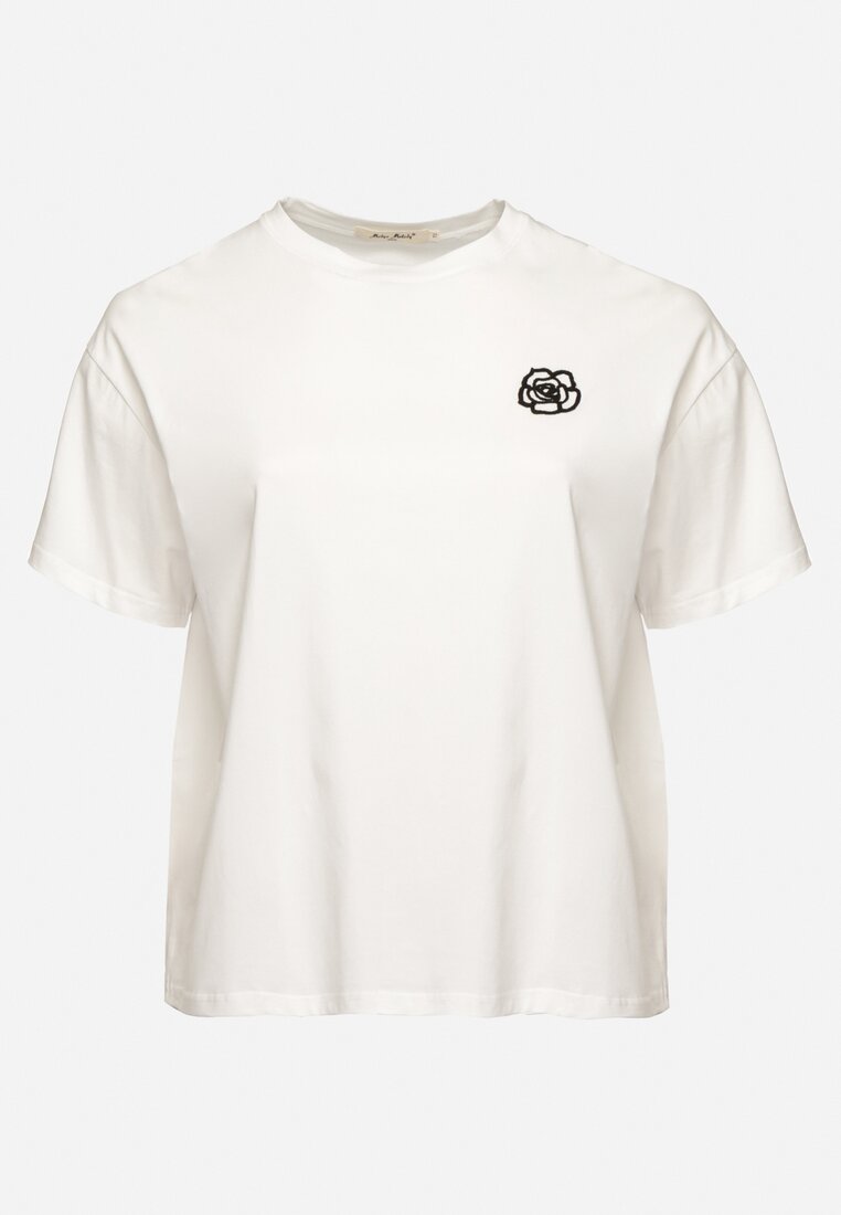 Biały T-shirt z Bawełny z Naszywką Kwiatu Firirene