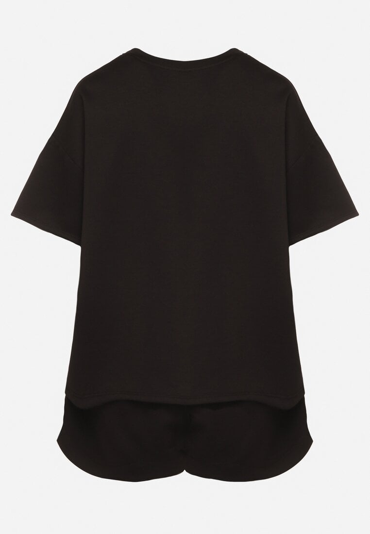 Czarny Komplet Oversize z Wiskozą T-shirt i Szorty z Nadrukiem Liravella