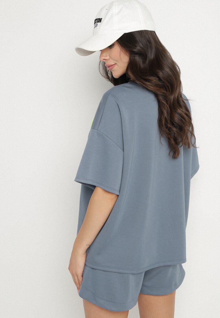 Granatowy Komplet Oversize z Wiskozą T-shirt i Szorty z Nadrukiem Liravella