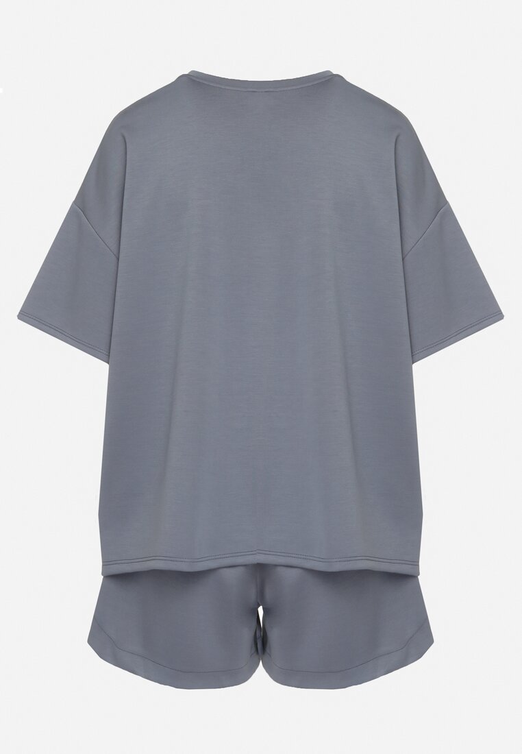 Granatowy Komplet Oversize z Wiskozą T-shirt i Szorty z Nadrukiem Liravella