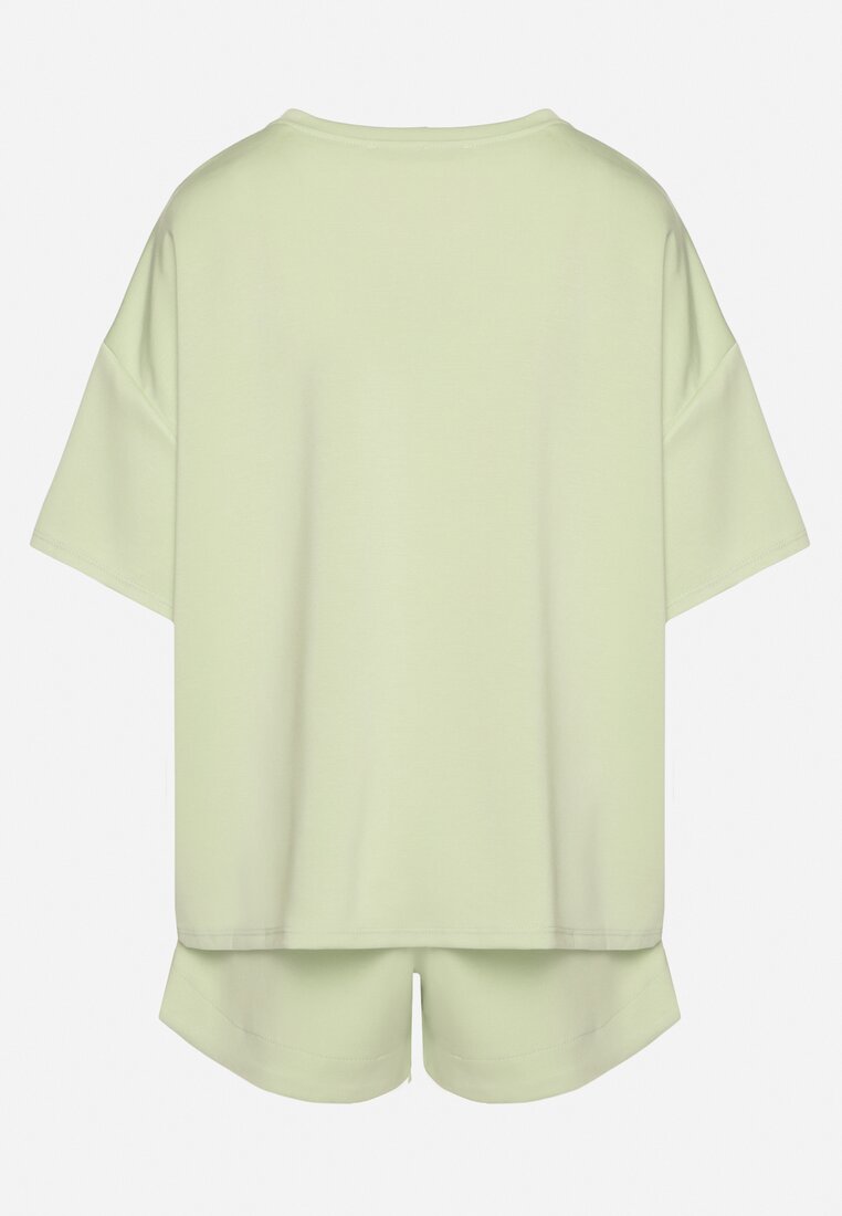 Jasnozielony Komplet Oversize z Wiskozą T-shirt i Szorty z Nadrukiem Liravella