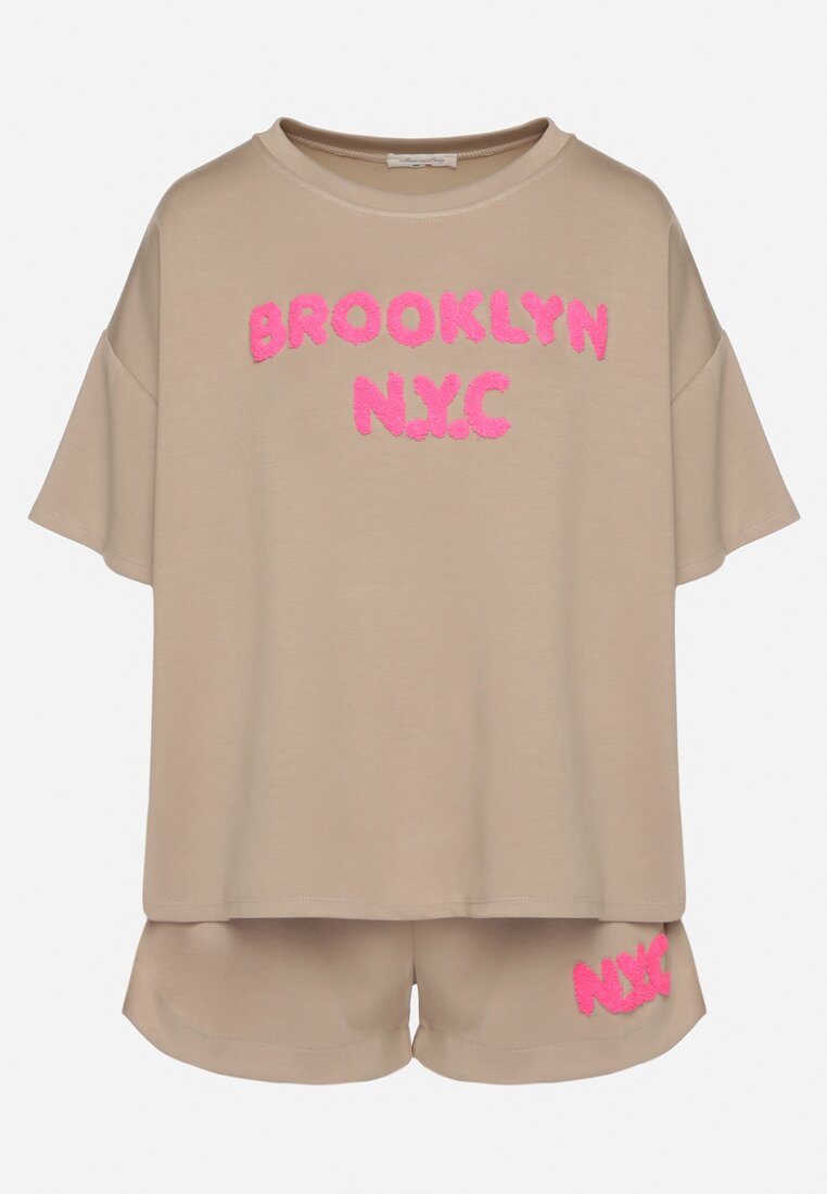 Ciemnobeżowy Komplet Oversize z Wiskozą T-shirt i Szorty z Nadrukiem Liravella